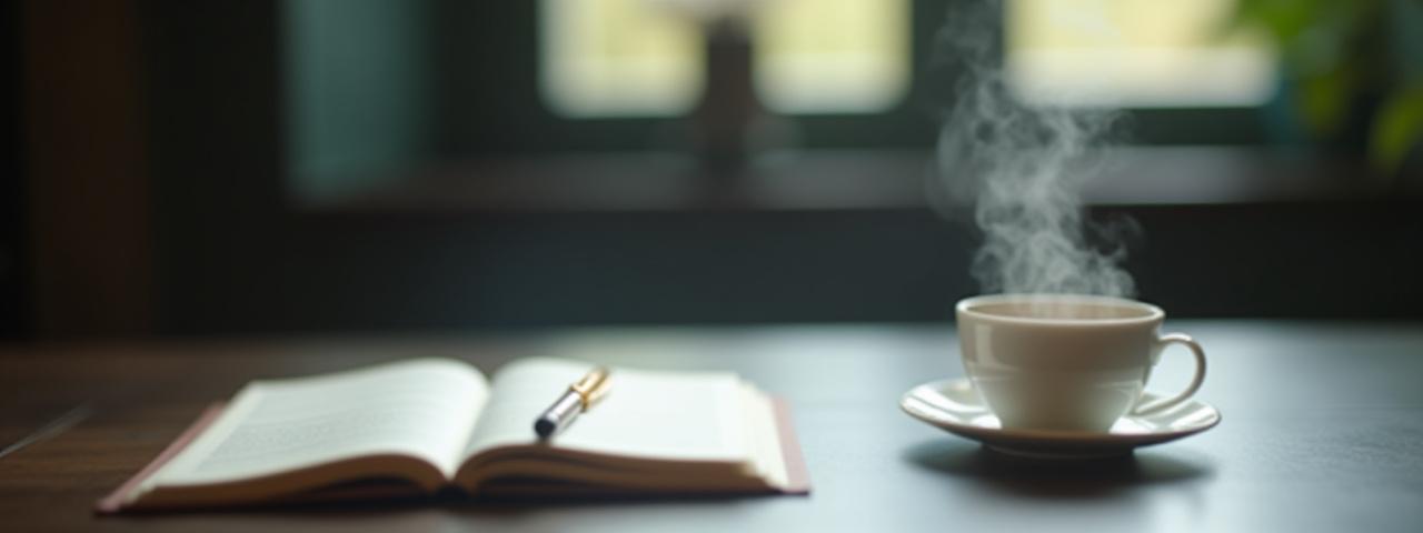 Stílusos irodai enteriőr egy teáscsészével és jegyzetfüzettel, jelezve a tanácsadást és a tea élményét.