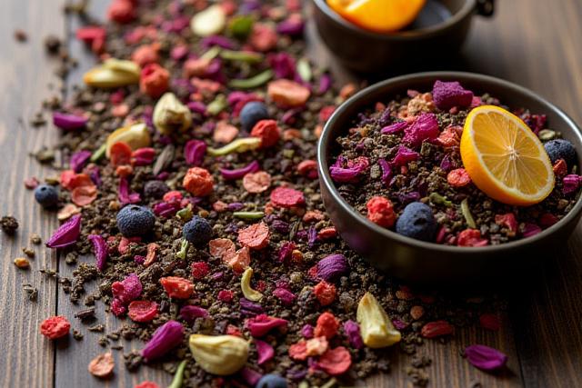 Egyedi teakeverék, fűszerekkel és virágokkal.