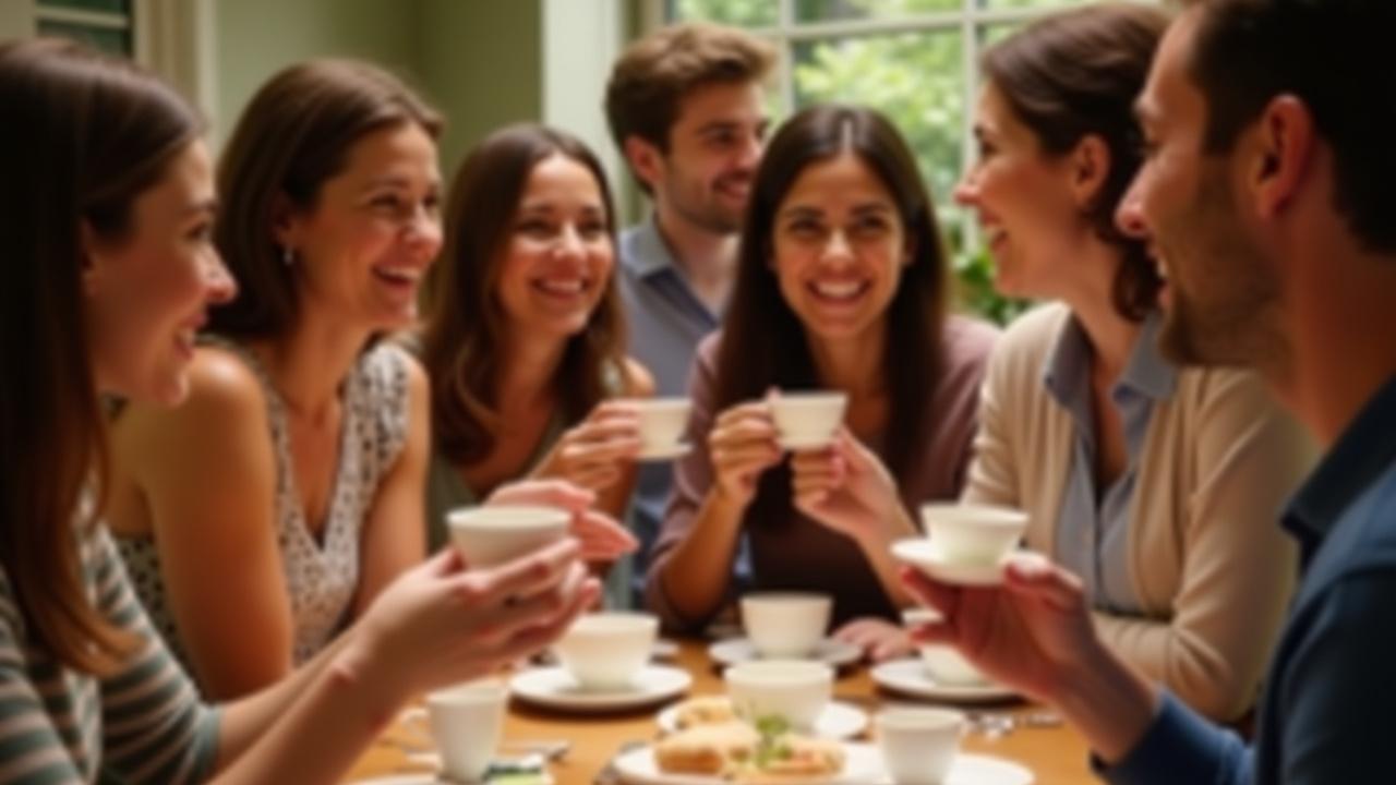 Boldog résztvevők teáskancsóval és csészékkel egy kóstoláson