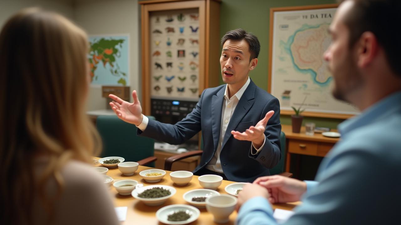 Szakértő bemutatja a teafajtákat egy asztalnál