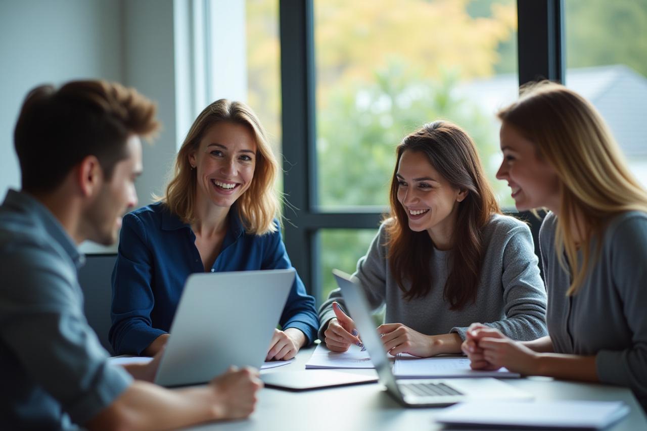 Tanácsadó csapat tagjai egy modern tárgyalóban, laptopokkal és jegyzetekkel dolgoznak