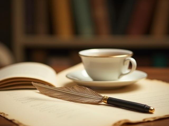 Cseppentős toll egy papírtekercsen teáscsésze mellett, a háttérben könyvek