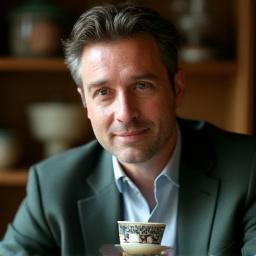 Portrékép Balogh Mártonról, tea sommelier-ről, teáscsésze mellett