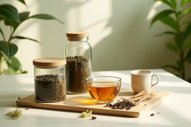 Különleges teafajták és eszközök egy elegáns asztalon.