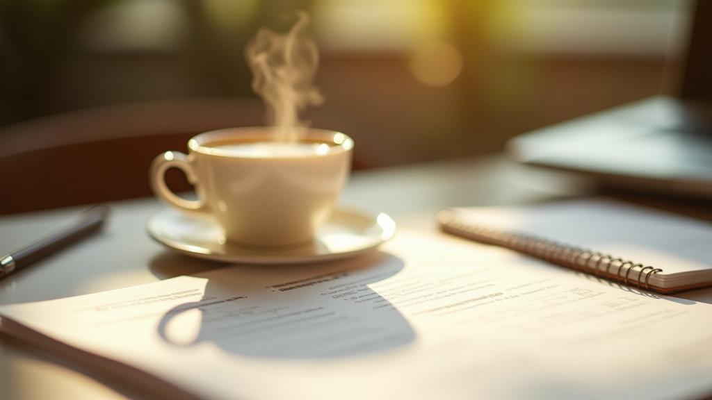 Egy elegáns íróasztal, stratégiai dokumentumokkal és egy szépen elkészített csésze gőzölgő teával, nyugalmat sugározva.