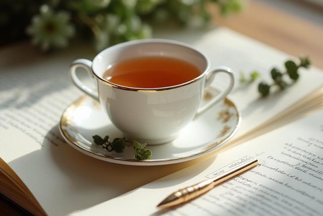 Egy elegáns teáscsésze, körülötte jegyzetek és egy toll, hangsúlyozva a csendes gondolkodás pillanatát.