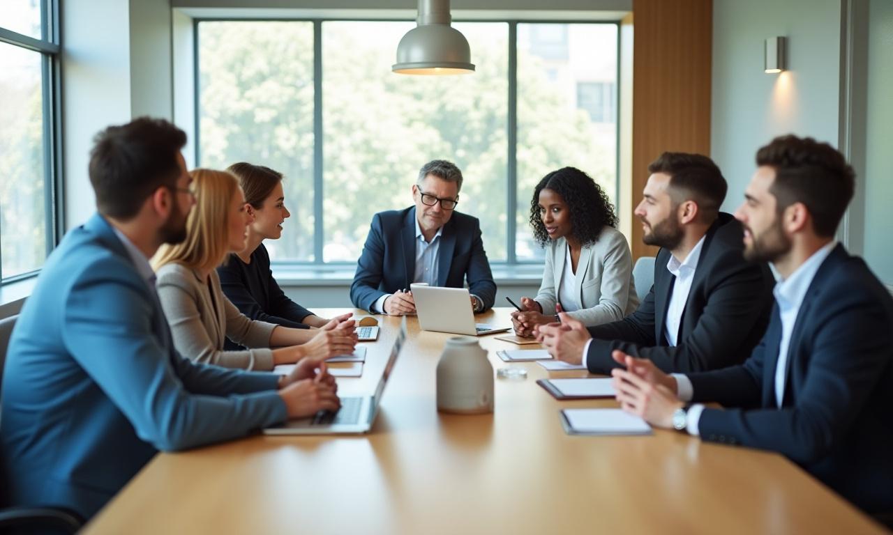 Kollaboratív üzleti megbeszélés egy modern irodában.