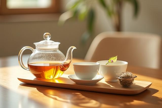 Elegáns teáskancsó, csészék és teaszűrő egy fa asztalon