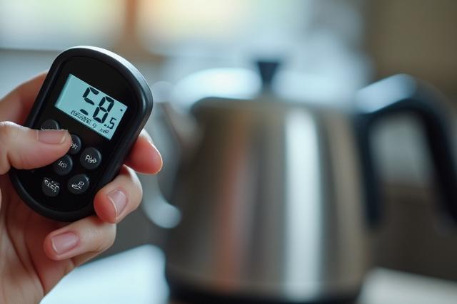 Gőzölgő teavíz hőmérsékletét ellenőrző kéz